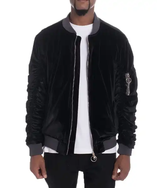 Velour Cinch Sleeve Bomber Jacket