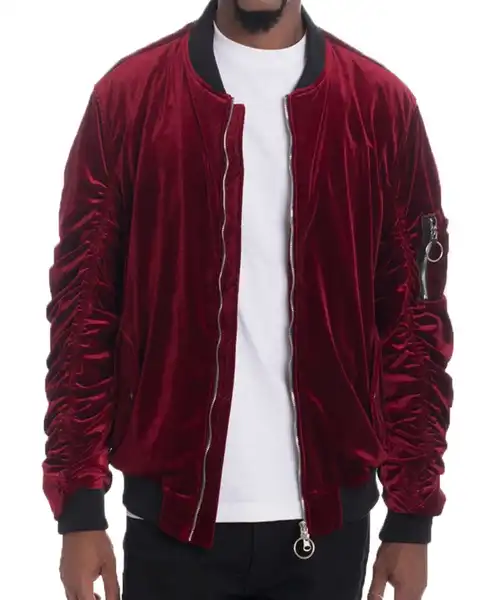 6113_BUR_F_92e710a1-d3bc-455a-aee4-4950d143e45d.jpg Velour Cinch Sleeve Bomber Jacket