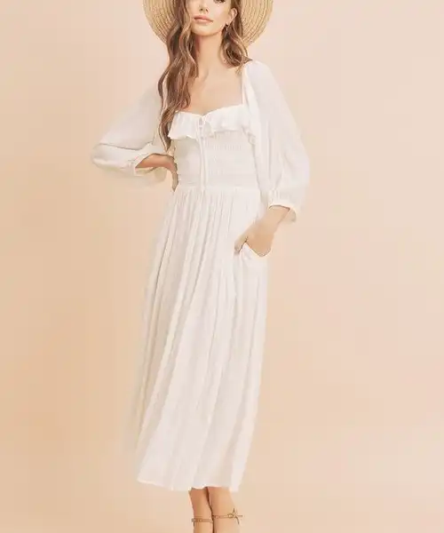 Aemi + Co Ruffled Smocked Square Neck Balloon Sleeve Dress