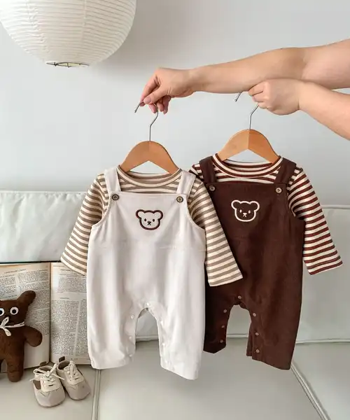 Infant Baby Unisex Bear Head Corduroy Combo Overalls In Sets